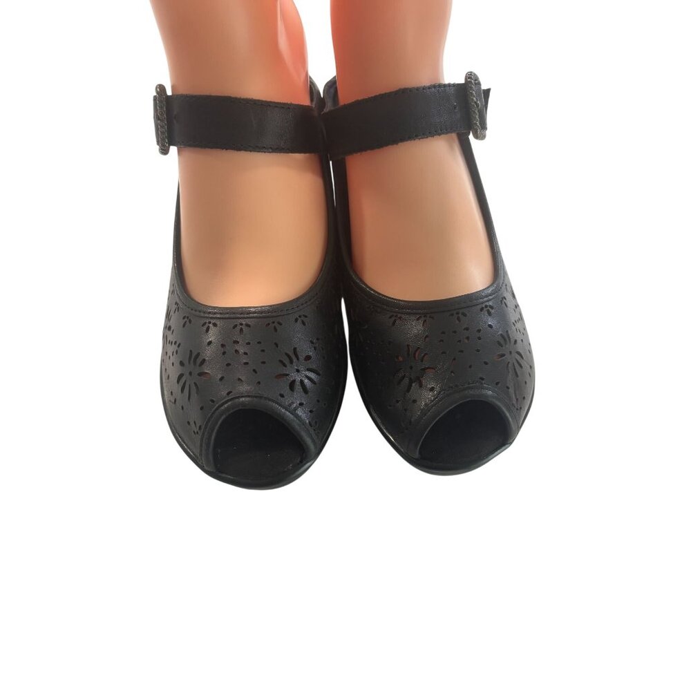 White Mountain Womens Black Leather Peep-Toe Mary Jane Wedges 8.5M